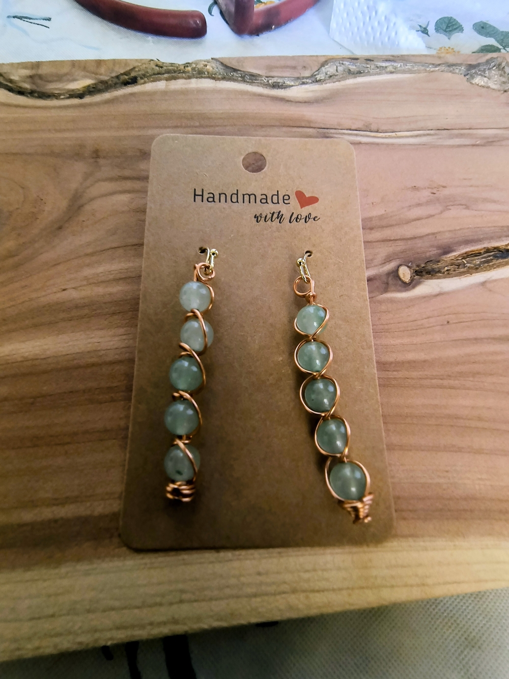 Hand Crafted Green Bead Drop Earrings with Gold Wire Wrap